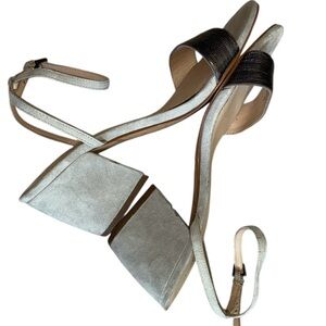 BOTKIER Sandals with Silver Band, Ankle-Strap, Grey Suede Block Heel